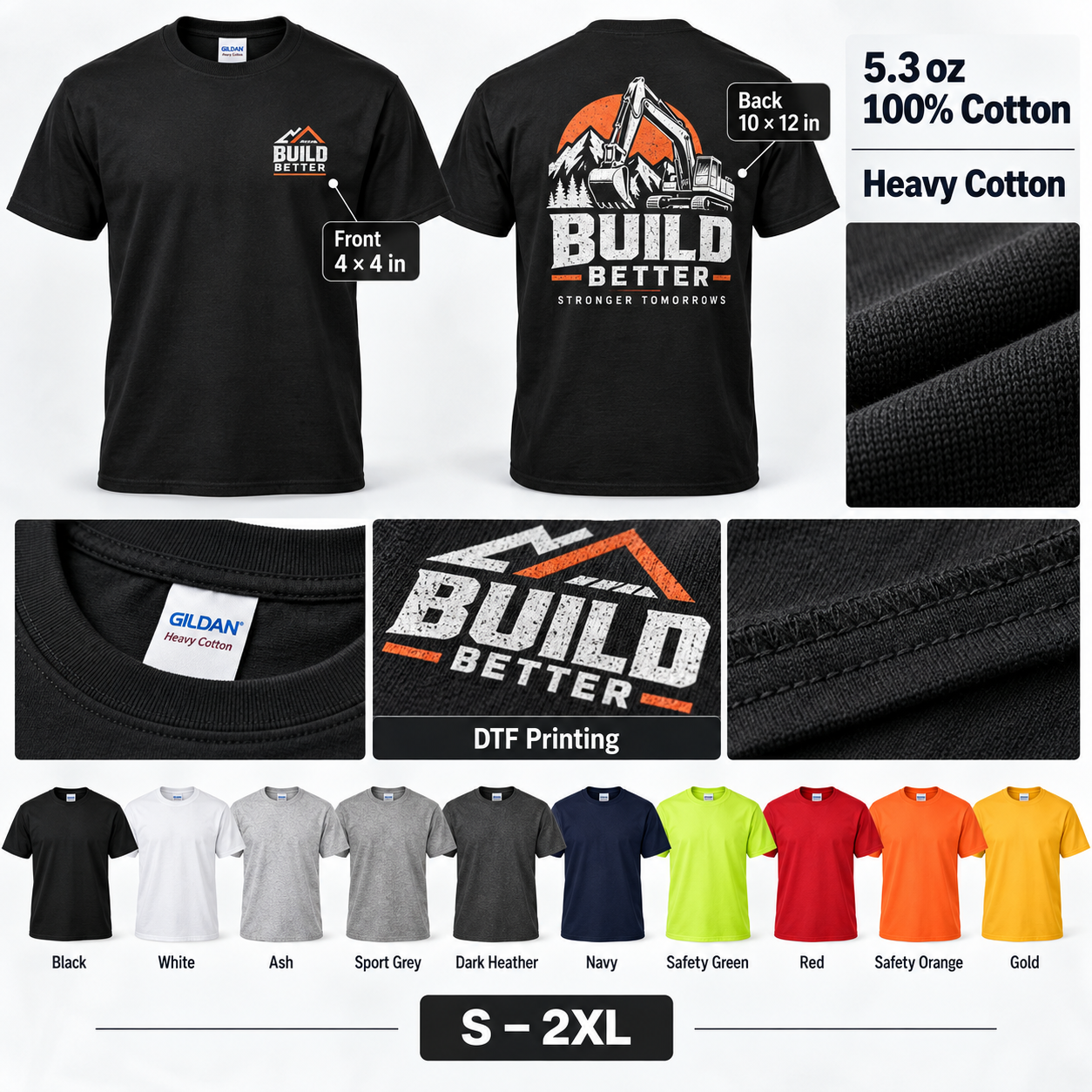 Custom Contractor T-Shirt Gildan 5000 sizes and specifications