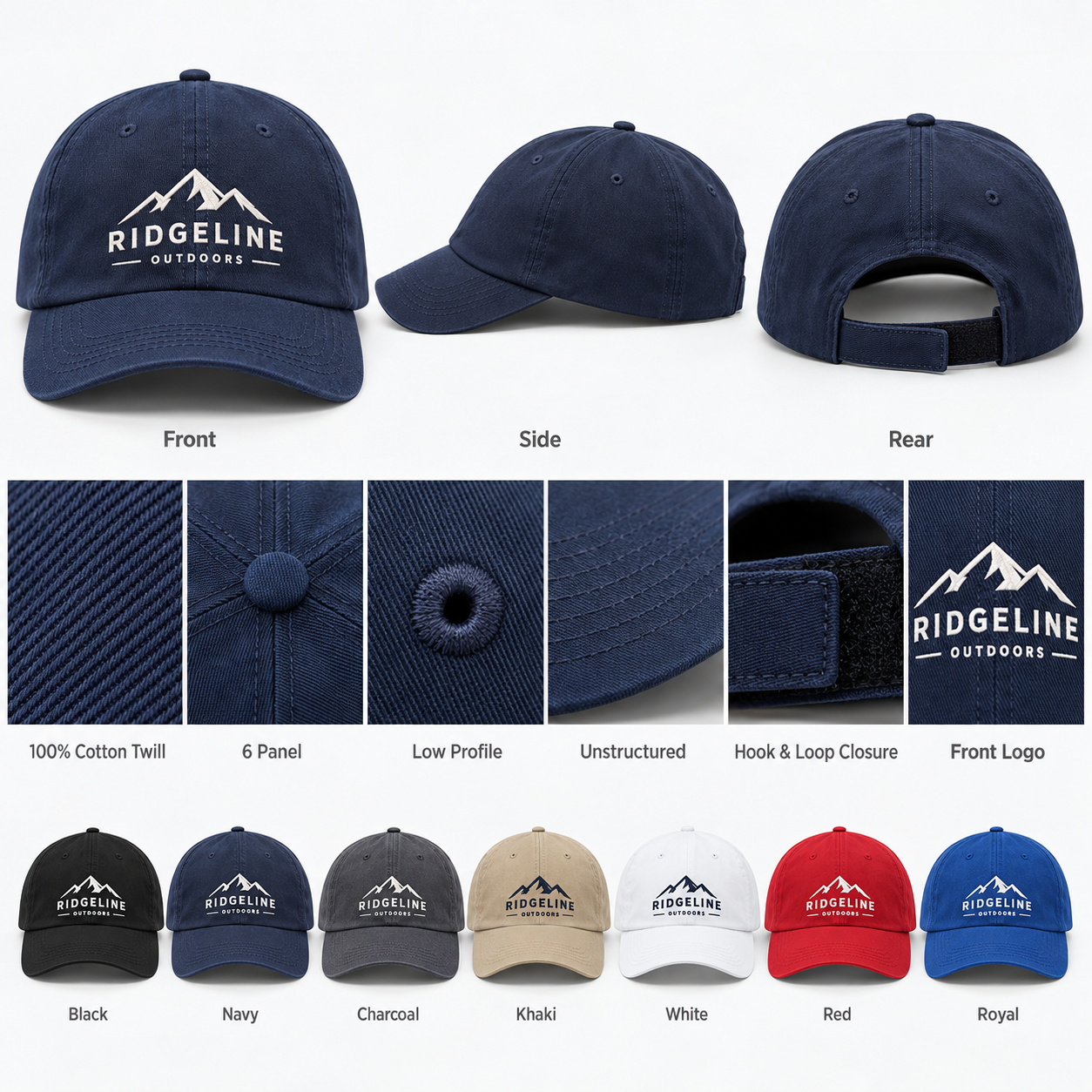 Custom Logo 6-Panel Cap sizes and specifications